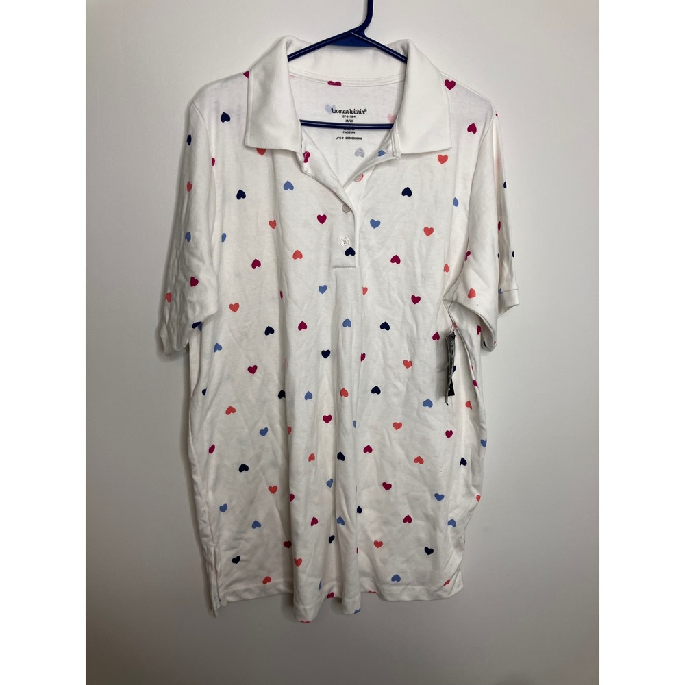 Woman Within Polo Shirt Womens 18/20 White Heart Print NWT Short Sleeve Cotton